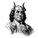 benjamin franklin from the 100 hundred dollar bill evil with devil horns dras x on his eyes and with lucifer typed under tattoo design idea
