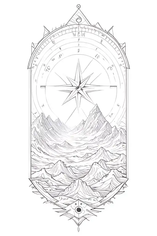large compass surrounded by intricate geometric mountains and waves, black and white tattoo design idea