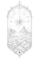 large compass surrounded by intricate geometric mountains and waves, black and white tattoo design idea