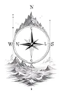 large compass surrounded by intricate geometric mountains and waves, black and white tattoo design idea