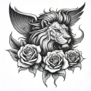 lion face and phenix head with 3 full roses below the image tattoo design idea