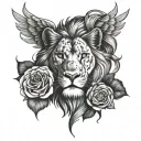 lion face and phenix head with 3 full roses below the image tattoo design idea