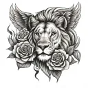 lion face and phenix head with 3 full roses below the image tattoo design idea