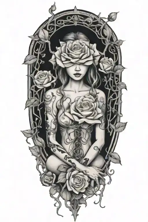 Naked girl, intertwined roots growing from chains on wrist, roses with sharp vines tattoo design idea