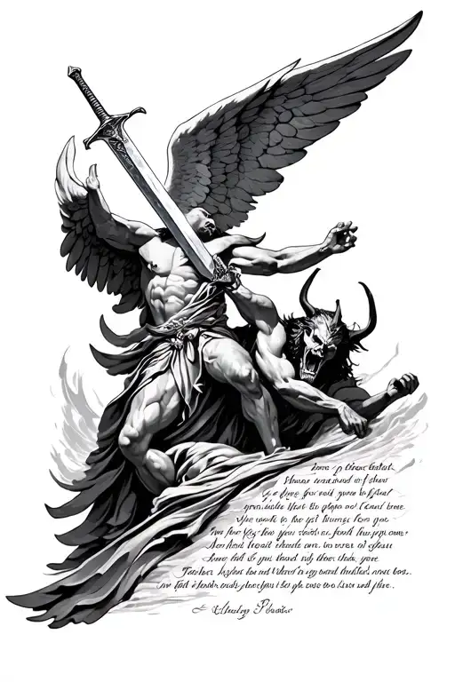 archangel defeating devil with sword with bible verse written beneath tattoo design idea