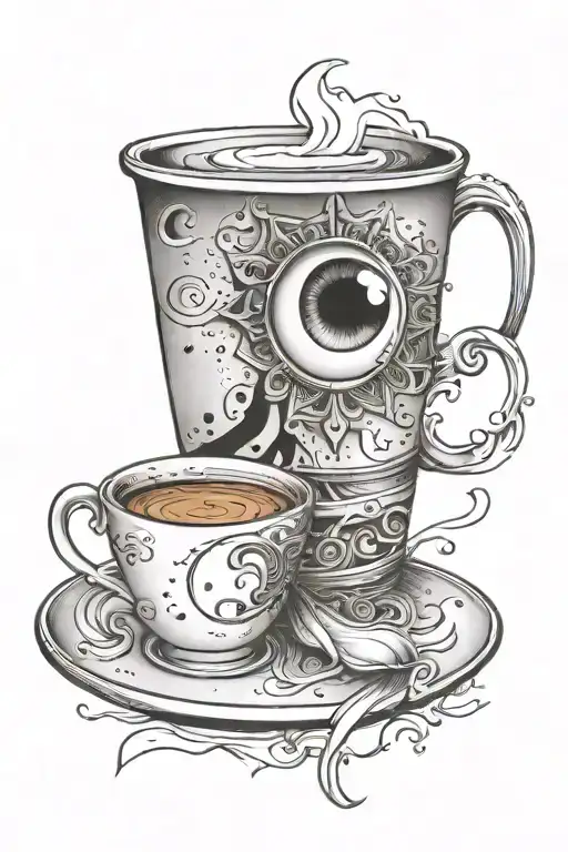 coffee cup and moon and realistic eye tattoo design idea