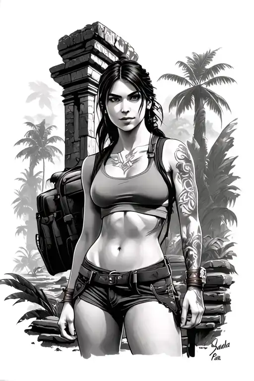 Lara Croft in front of an ancient jungle temple. She is wearing a long tanktop, hotpants and a backback. tattoo design idea