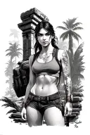 Lara Croft in front of an ancient jungle temple. She is wearing a long tanktop, hotpants and a backback. tattoo design idea