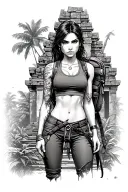 Lara Croft in front of an ancient jungle temple. She is wearing a long tanktop, hotpants and a backback. tattoo design idea