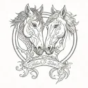 two horse heads inside a horseshoe surrounded tattoo design idea