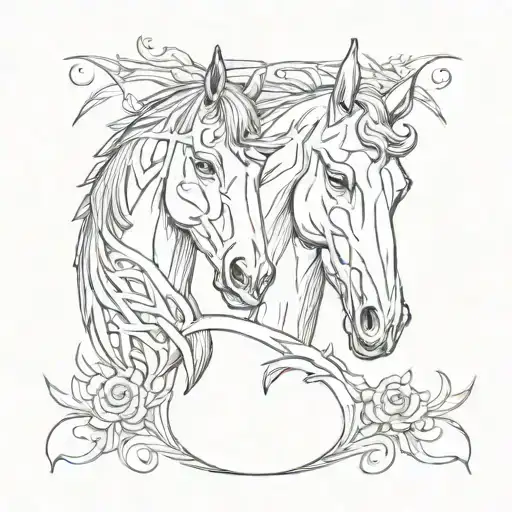 two horse heads inside a horseshoe surrounded tattoo design idea