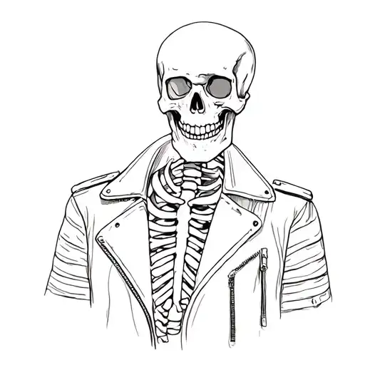 simple skeleton with leather jacket outline tattoo design idea