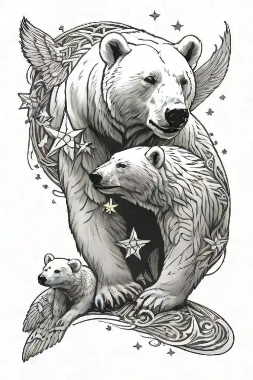 mother daughter polar bear symbolyzing protection with stars, snowflakes and angel wings tattoo design idea