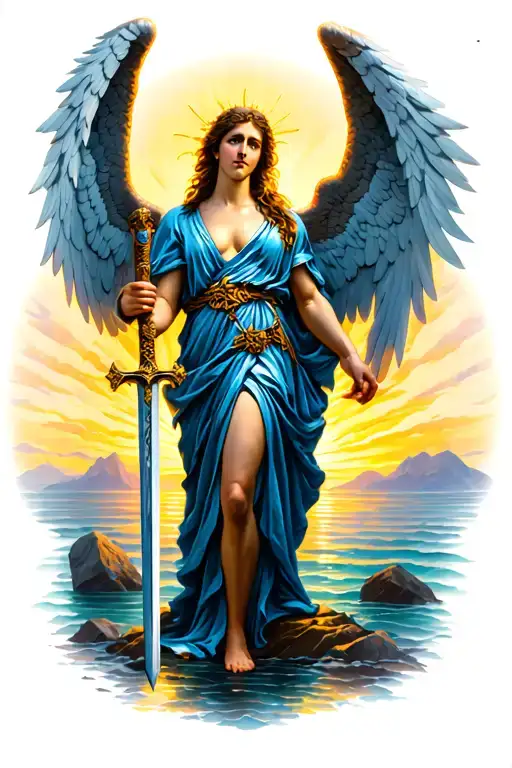 greek angel with feathery wings holding a sword, protecting something. beside a beautiful dawn tattoo design idea