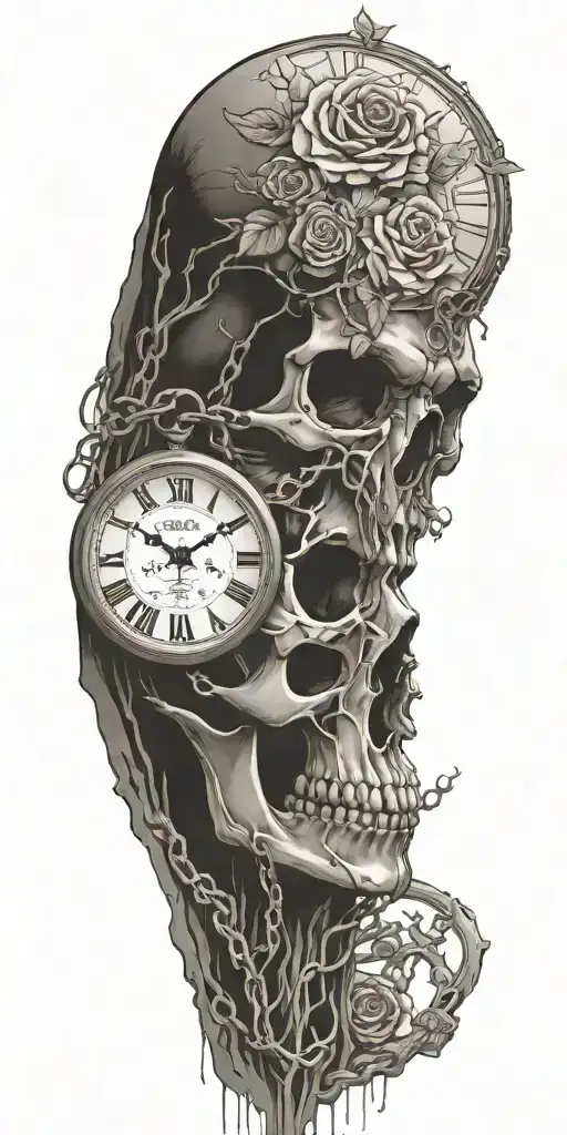 one skull, roses, tree roots, clock, chains. plains tattoo design idea