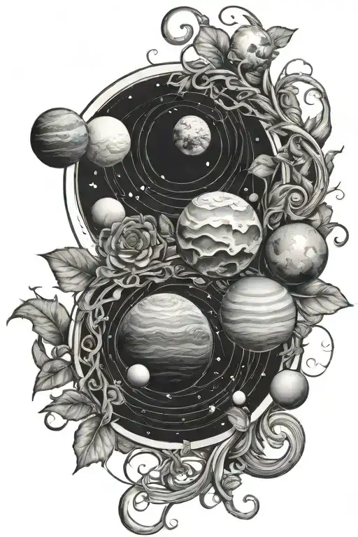 Solar system wrapped in vines tattoo design idea