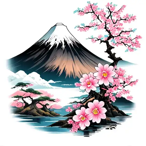 Mont fuji and sakura flowers tattoo design idea