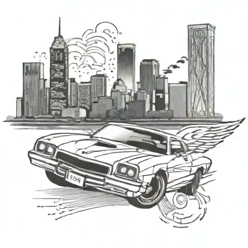 A sleek car speeding through a Pittsburgh skyline with Philadelphia Eagles flying overhead tattoo design idea