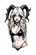 Sexy Pale Girl, Petite, Big Boobs, Wide Hips, G-string. Messy Hair, Demonic Horns, Sexual.... on hood, white eyes tattoo design idea