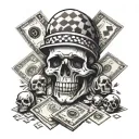 drawing checkerboard games with mini skulls and money bills tattoo design idea