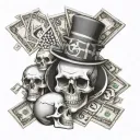 drawing checkerboard games with mini skulls and money bills tattoo design idea