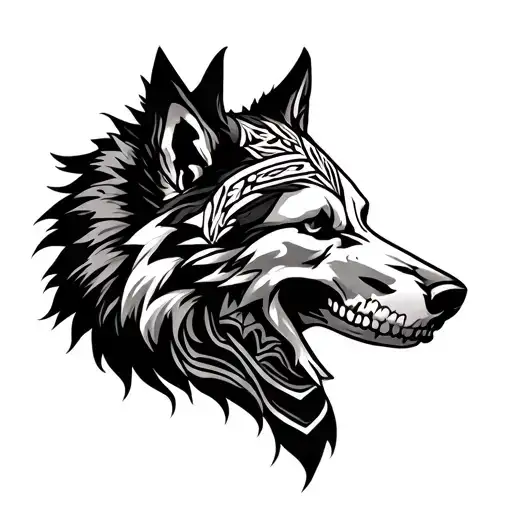 Cherokee tribal sleeve tattoo with skull wolf surrounded tattoo design idea