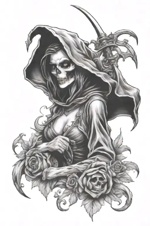 Female grim reaper pinup sexy tattoo design idea