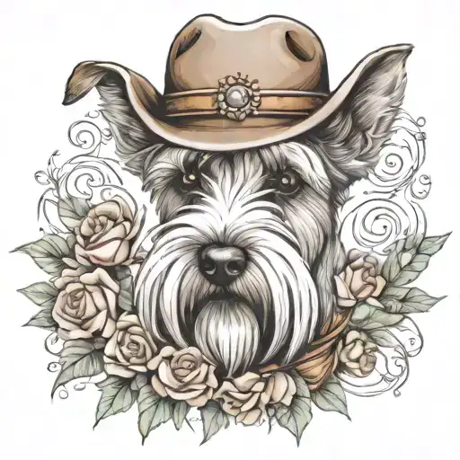 wheaten female schnauzer with cowgirl hat and brown eyes and a collar with flowers  with western background tattoo design idea