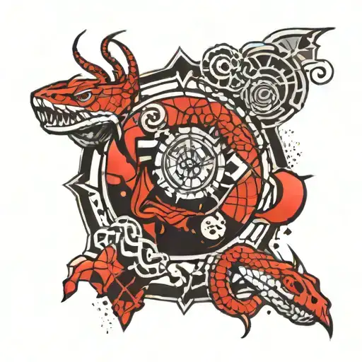 biblical patch work sleeve tattoo with geometric background design with red snake going through it  tattoo design idea