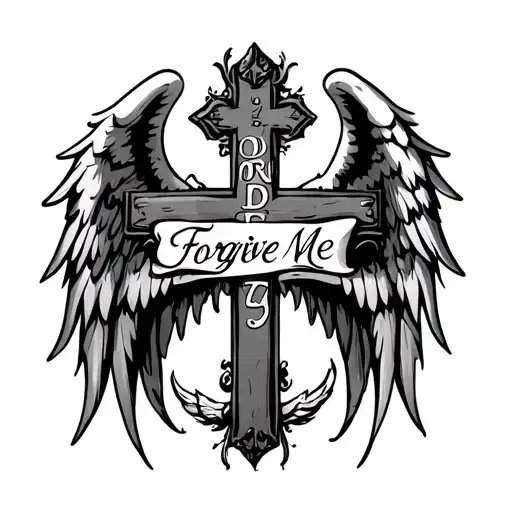 Cross with the words “Lord Forgive Me” in the middle with one angel wing and one demon wing  tattoo design idea