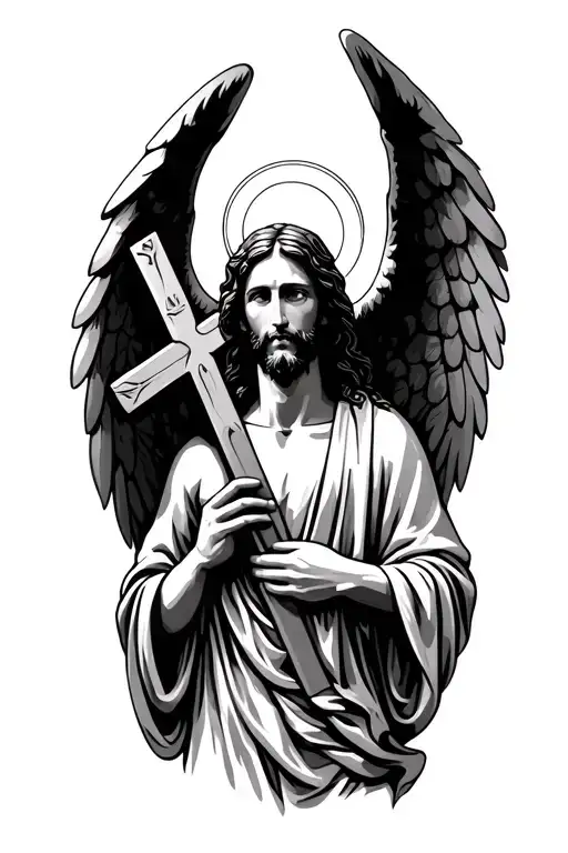 jesus holding the cross with angel wings and a halo tattoo design idea