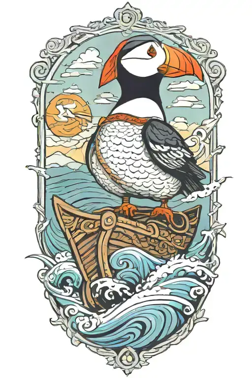 male puffin with an old scandinavian viking ship at sea tattoo design idea