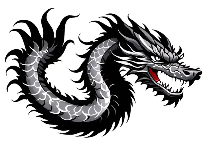 single head traditional Japanese dragon without wings black and grey full length design tattoo design idea