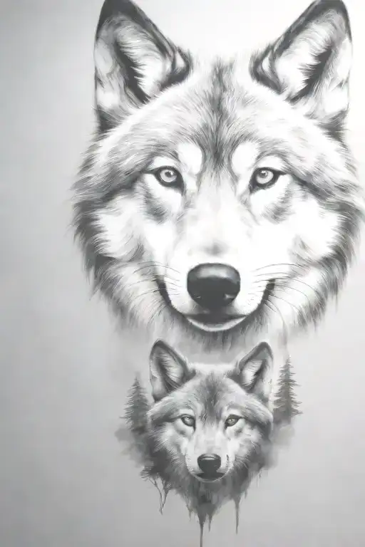 wolf cub, moon, forest, river, adult wolf, smoke rising tattoo design idea