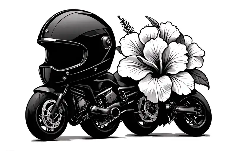 simple motorbike helmet, hibiscus flower and football minimal tattoos in a row  tattoo design idea