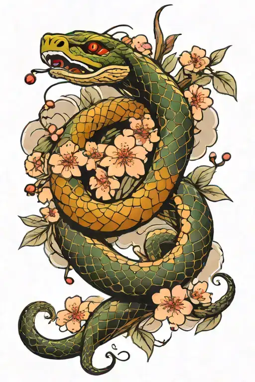 snake and cherry blossoms with clouds surrounding tattoo design idea