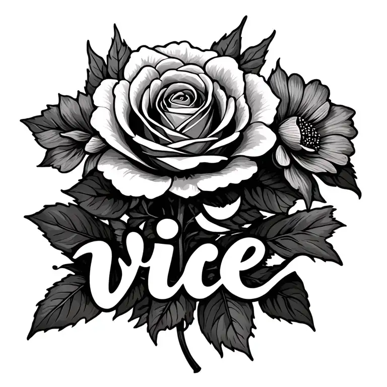 one carnation, one rose, and two morning glorys connected to the word "vice" in a calligraphy font tattoo design idea