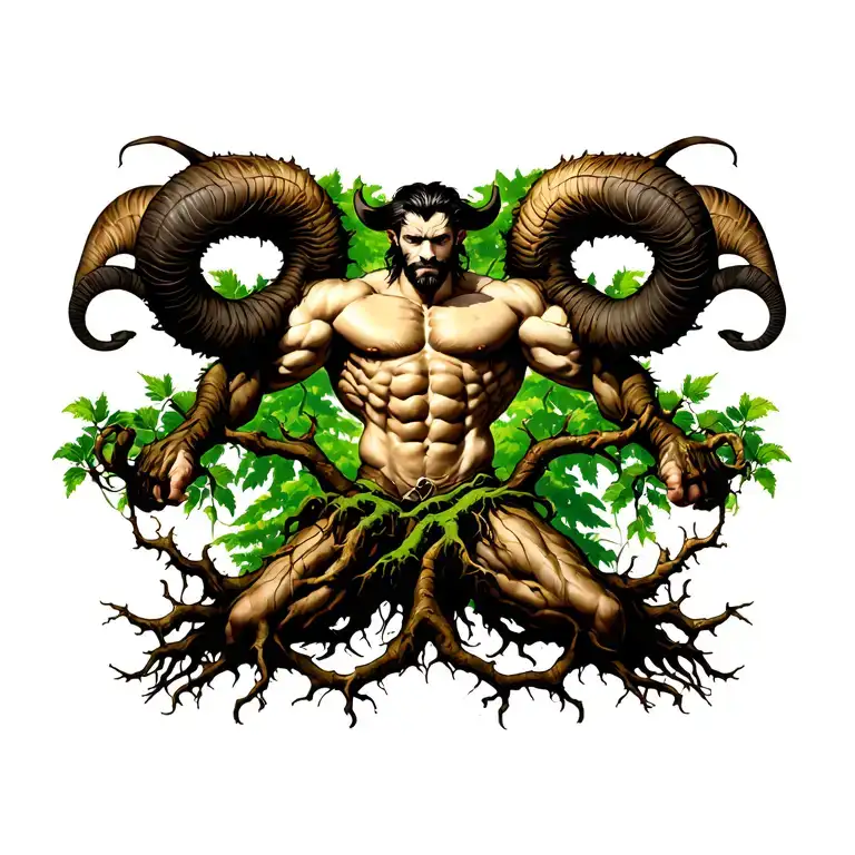 muscular male nature satyr hyperrealistic bodybuilder, vines and tree roots tribal pattern nature runic tattoo design idea