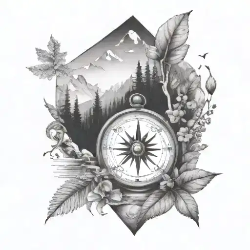 A small compass, and a very small geometric hourglass that’s connected and surrounded by nature, forests, mountains.  tattoo design idea