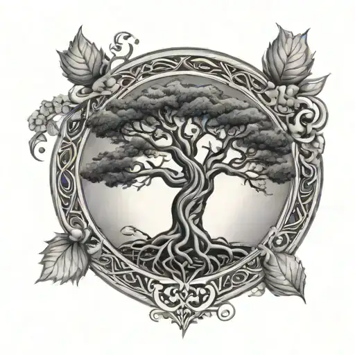 Tree Of Life With Japanese Sun In The Corner Tattoo with Adam and Eva in both side of the tree and an apple on branch tattoo design idea