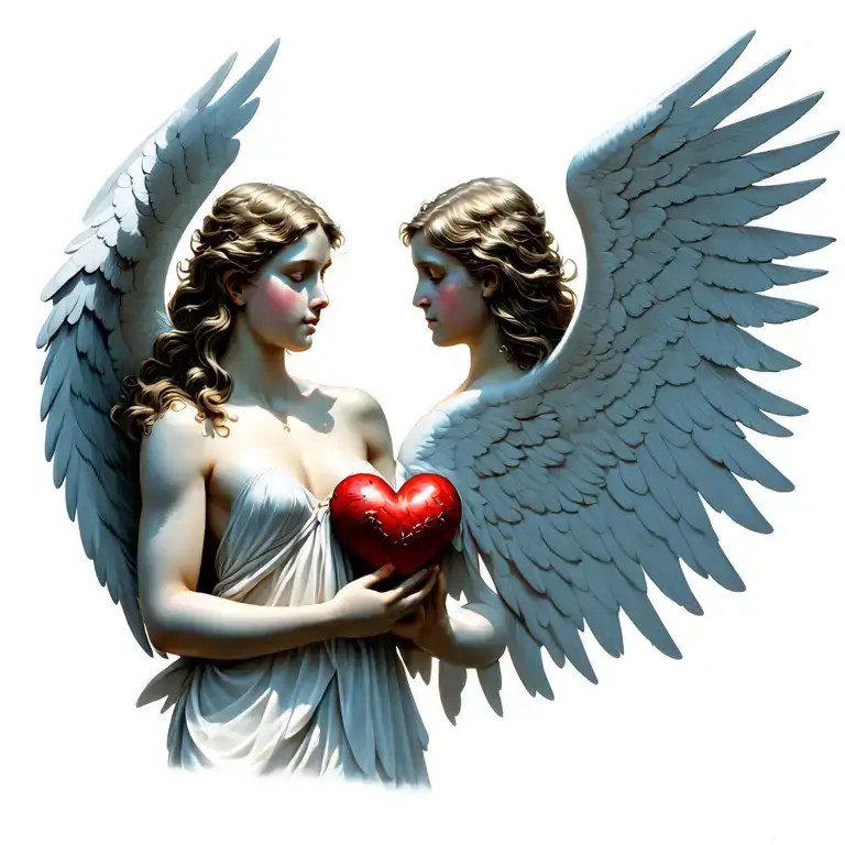 An angel with beautiful wings spread wide. Holding the heart on the chest tattoo design idea