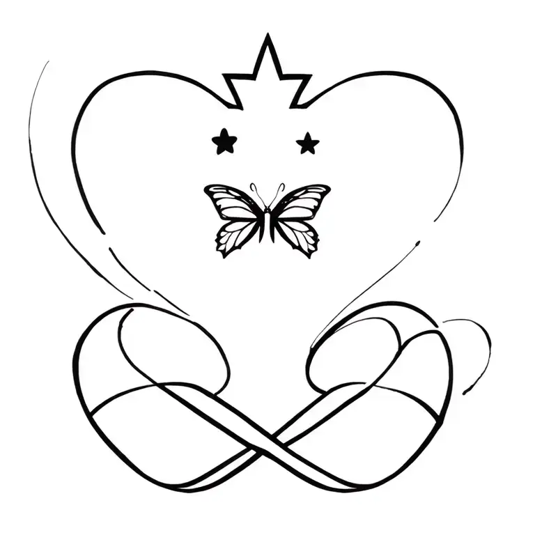 star with love heart, butterfly and infinity symbol incorporated  tattoo design idea