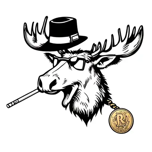 Moose head on the wall with a cigarette in his mouth, tiny hat on his head, a gold medal around his neck, 3D glasses tattoo design idea