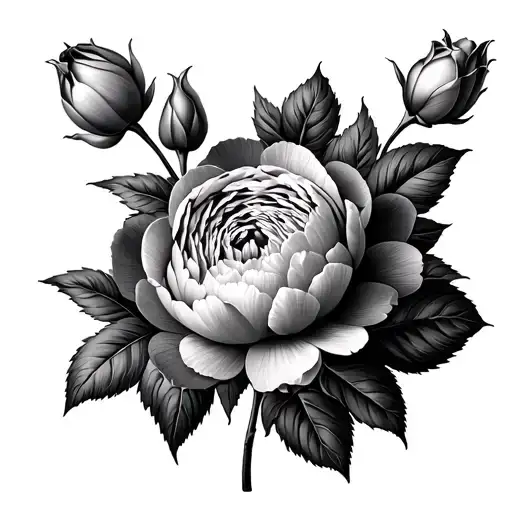 3 Flower Open peony 2 Flower Closed peony, figure 30, letter a r l, 2 roses, tattoo design idea