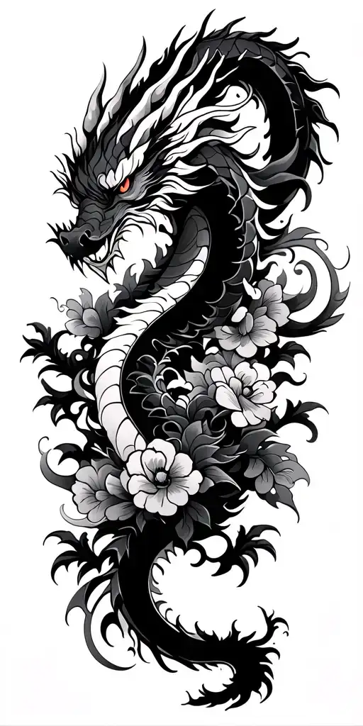 negative space Japanese dragon with floral  background and cloud filled swirls  tattoo design idea