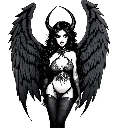 Evil Sexy Pale Girl, Petite, Big Boobs, Wide Hips, G-string angel wings tattoo design idea