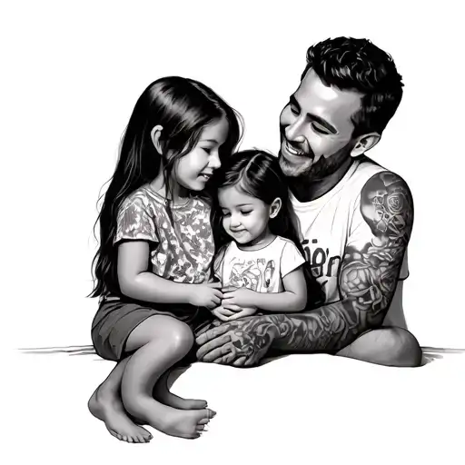 Father with daughters surrounded by cartoons from 2000 tattoo design idea