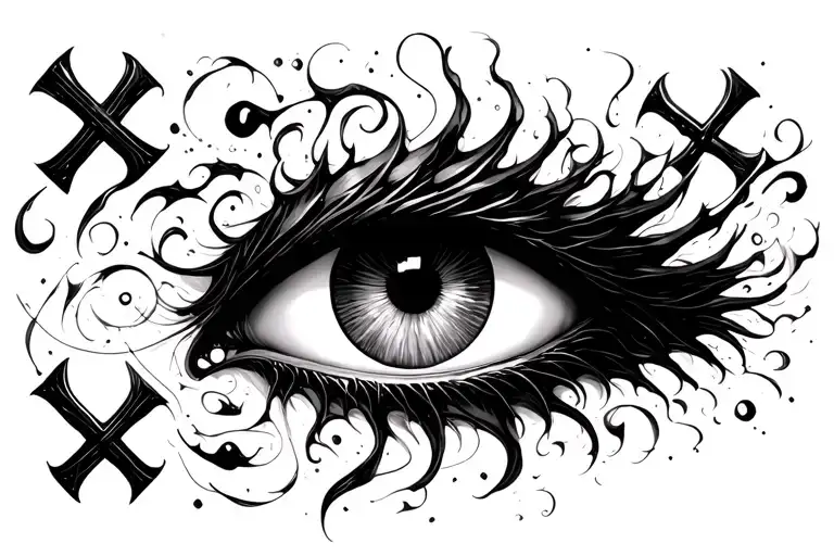 Cybersigilism hellsing Eye flowing motif like a shadow,  swaying to the left lots of eyes and crosses tattoo design idea