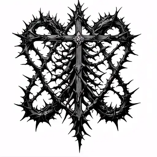 a tattoo covering the entire spine with aggressive thorns passing through it, at the end of the spine a cross connected  tattoo design idea