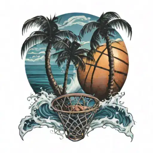 A basketball with palm trees and ocean waves intertwined in the background tattoo design idea